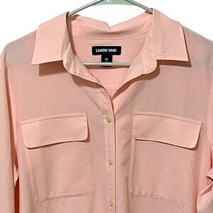 Lands End Womens Button Front Top M Pink Career Preppy Mature Spring Summer